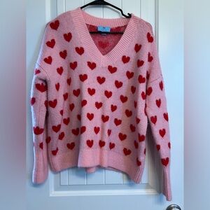 CeCe Pink V-Neck Sweater with Red Hearts